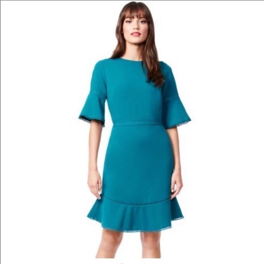 Betsy Johnson bell sleeve sheath teal dress size10 - Picture 3 of 12